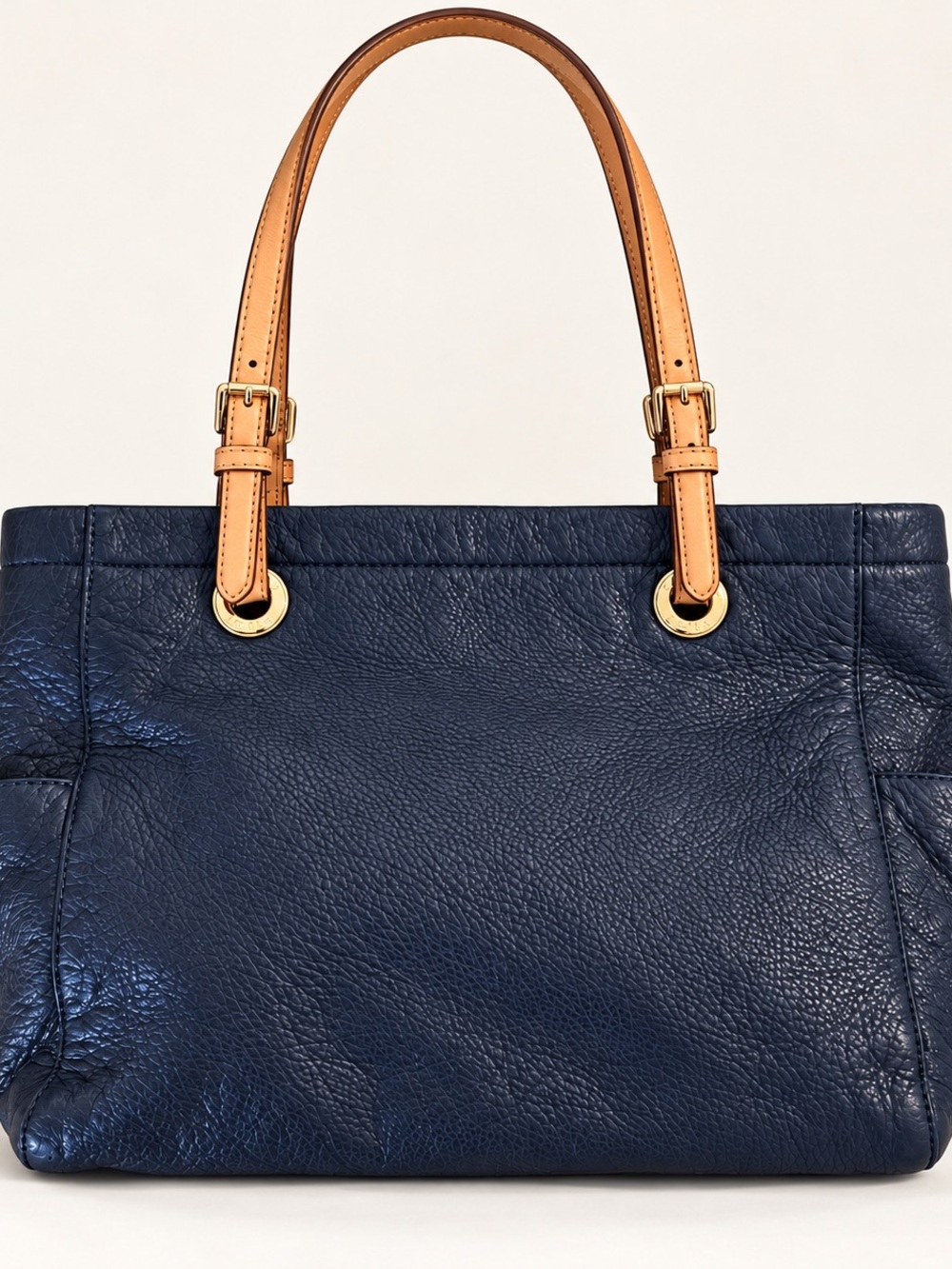 Michael Kors Navy Leather Shoulder Tote with Tan Handles
